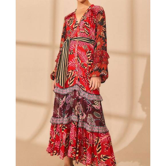 NEW FARM RIO mixed floral prints long sleeve maxi dress in red multi - Picture 6 of 6